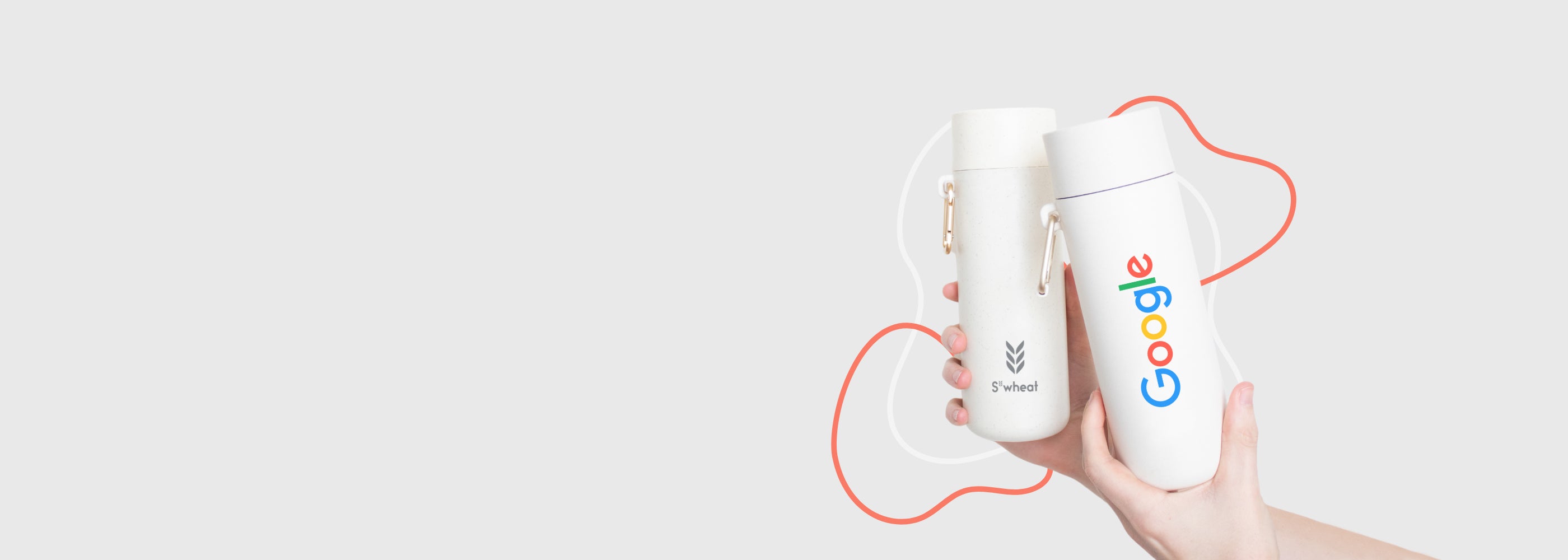 Two reusable water bottles held by hands, showing printed logo