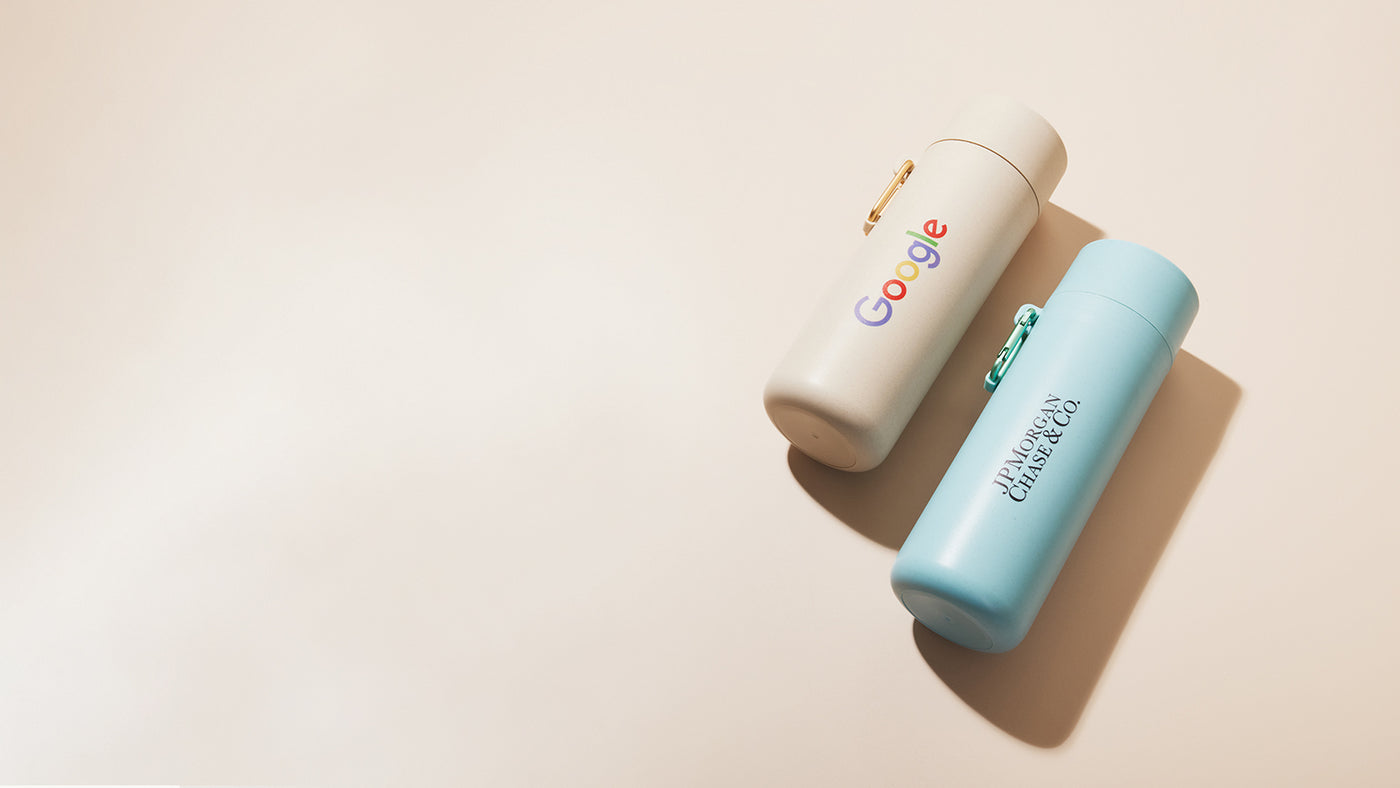 Reusable water bottles with corporate branded logos